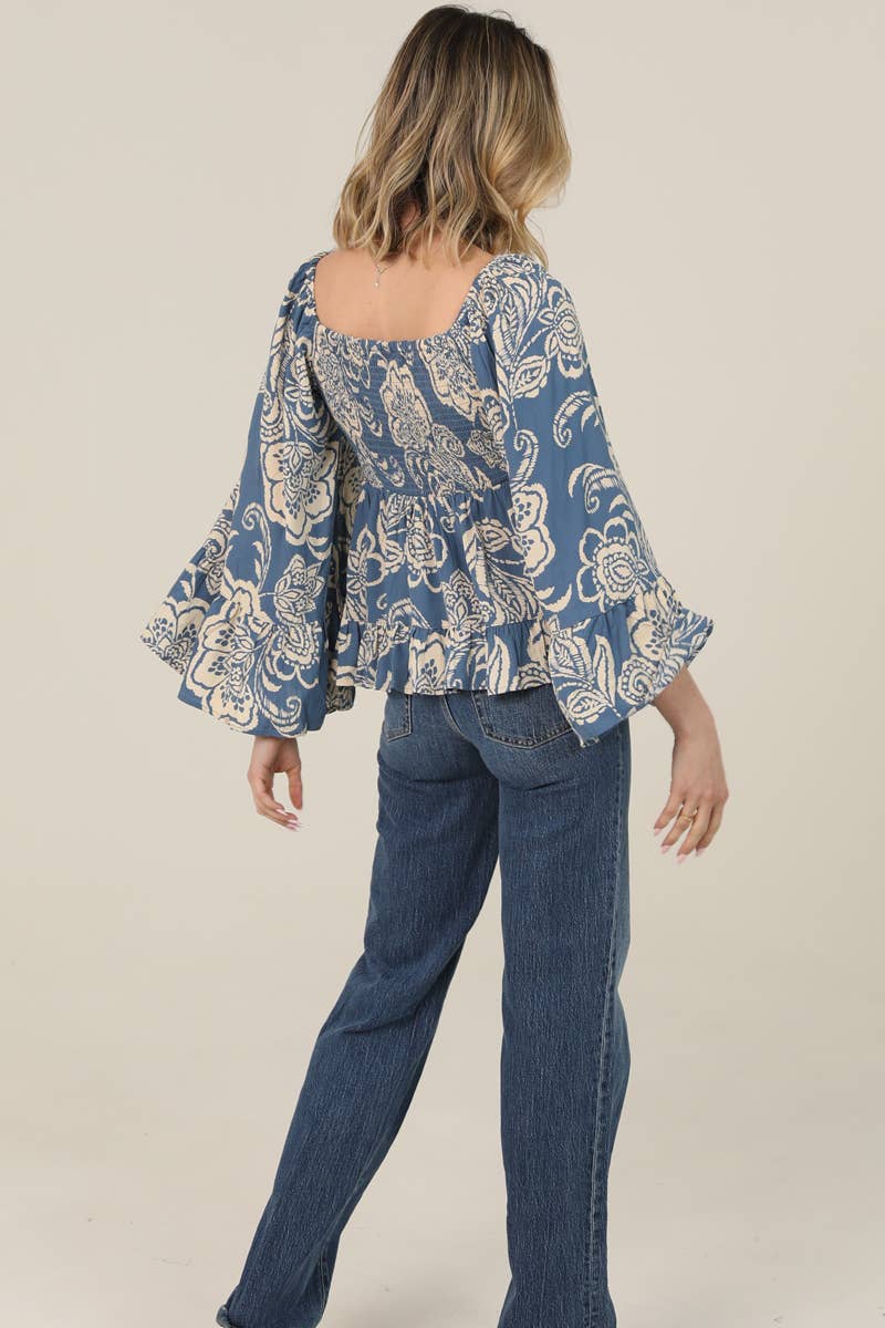 SMOCKED BUST WIDE FLARE BELL SLEEVE PRINTED TOP