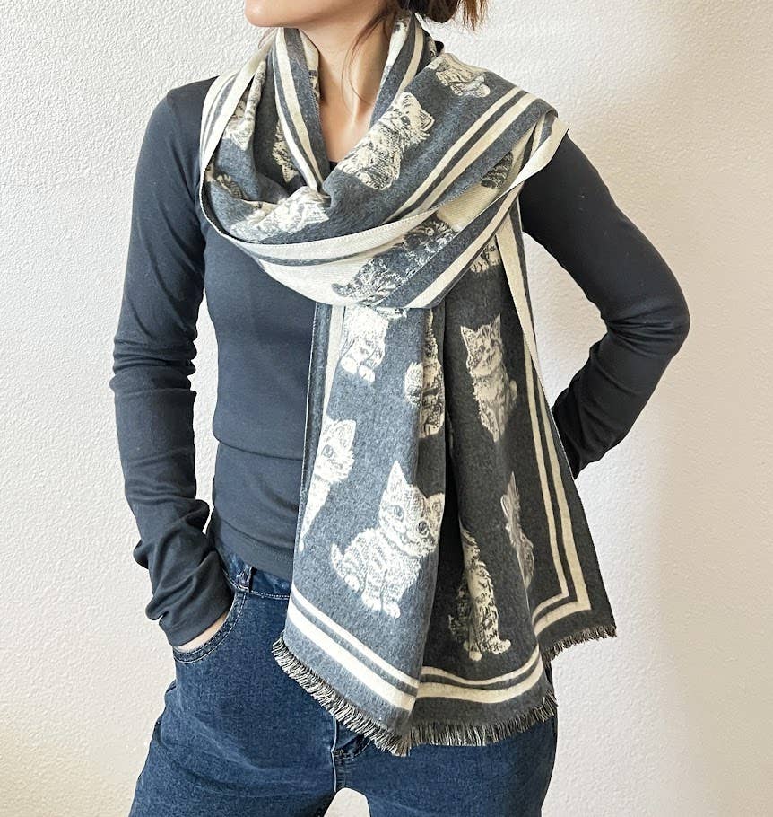 Kitten Print Reversible Cashmere Wrap Scarf