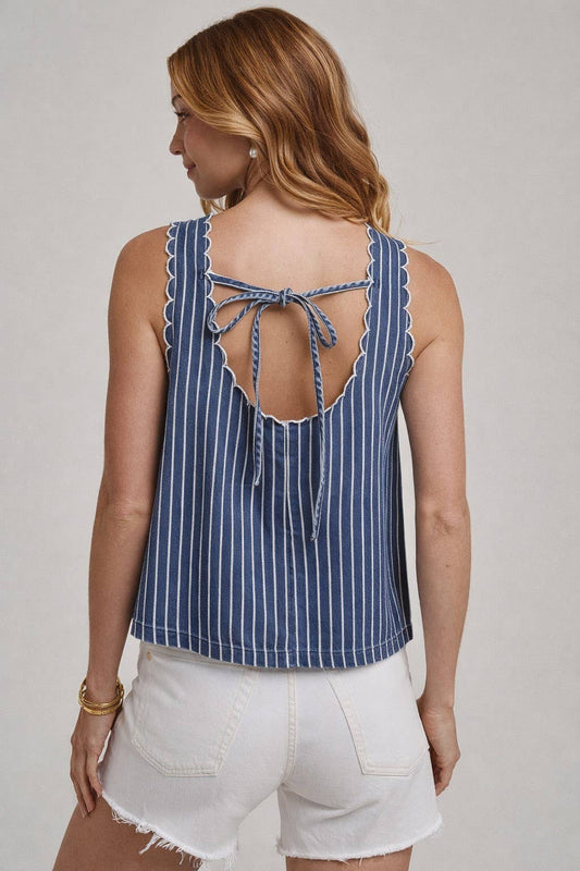 WASHED STRIPE DENIM SLEEVELESS TOP WITH SCALLOPED EDGE