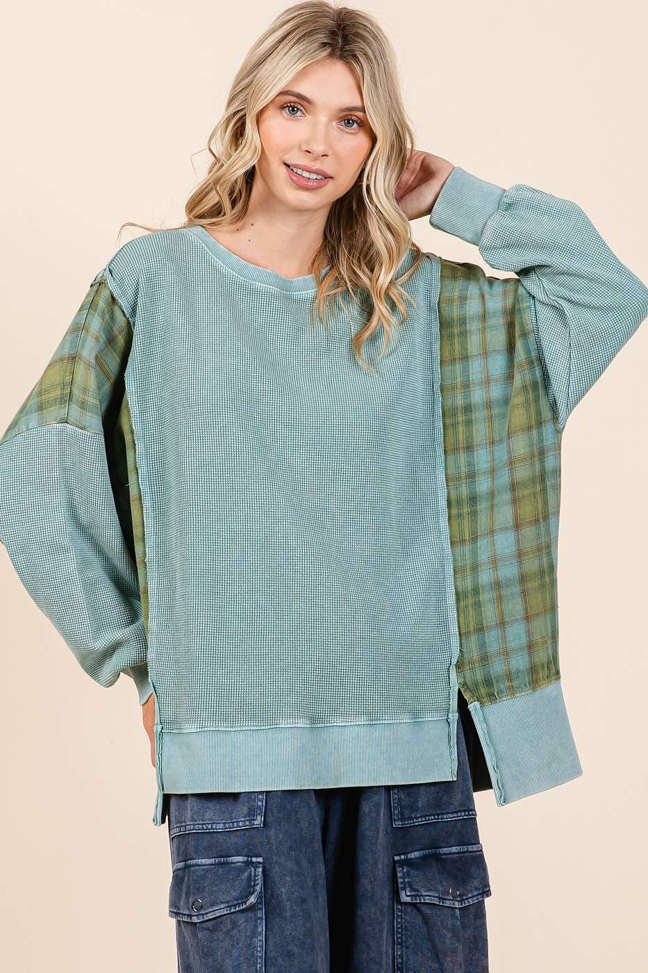 PLAID PANEL MINERAL WASH FRENCH TERRY SWEATSHIRT