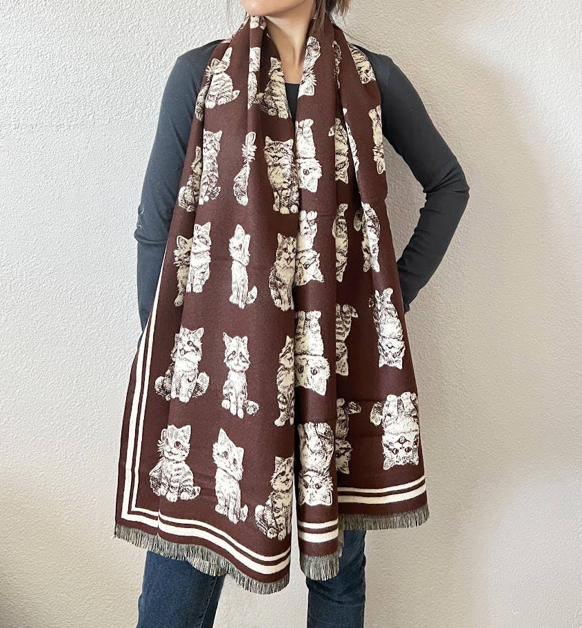 Kitten Print Reversible Cashmere Wrap Scarf