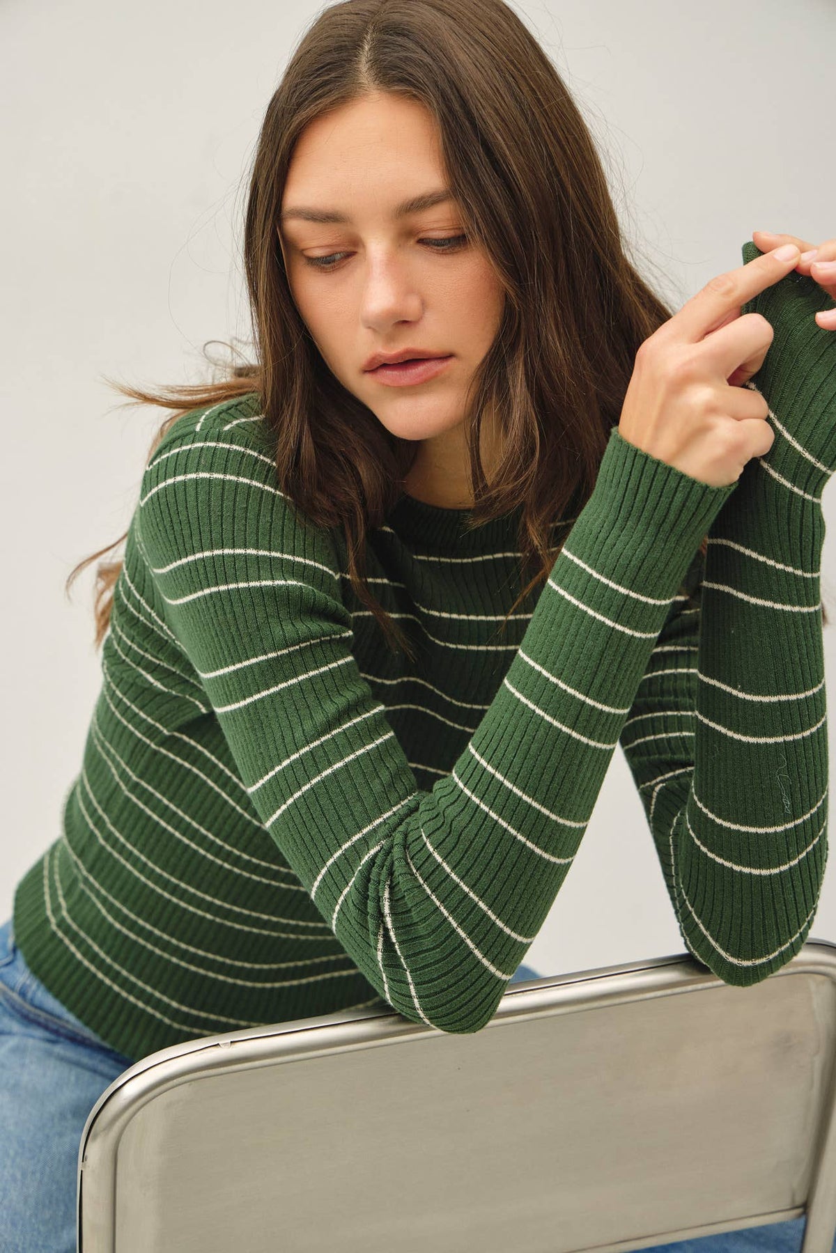 DOUBLE STRIPE CREWNECK RIB SWEATER