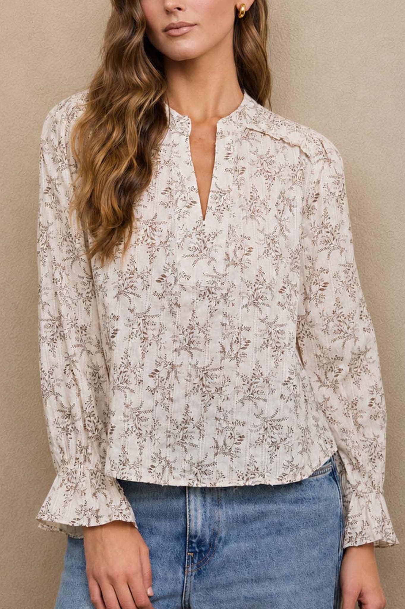 FLORAL LEAF PRINT SPLIT NECK LONG SLEEVE BLOUSE