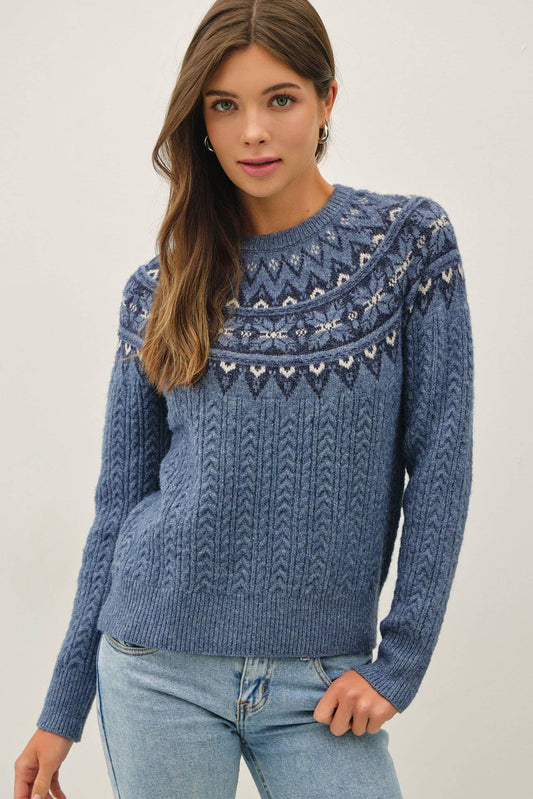 NORDIC JACUARD CREWNECK CABLE SWEATER