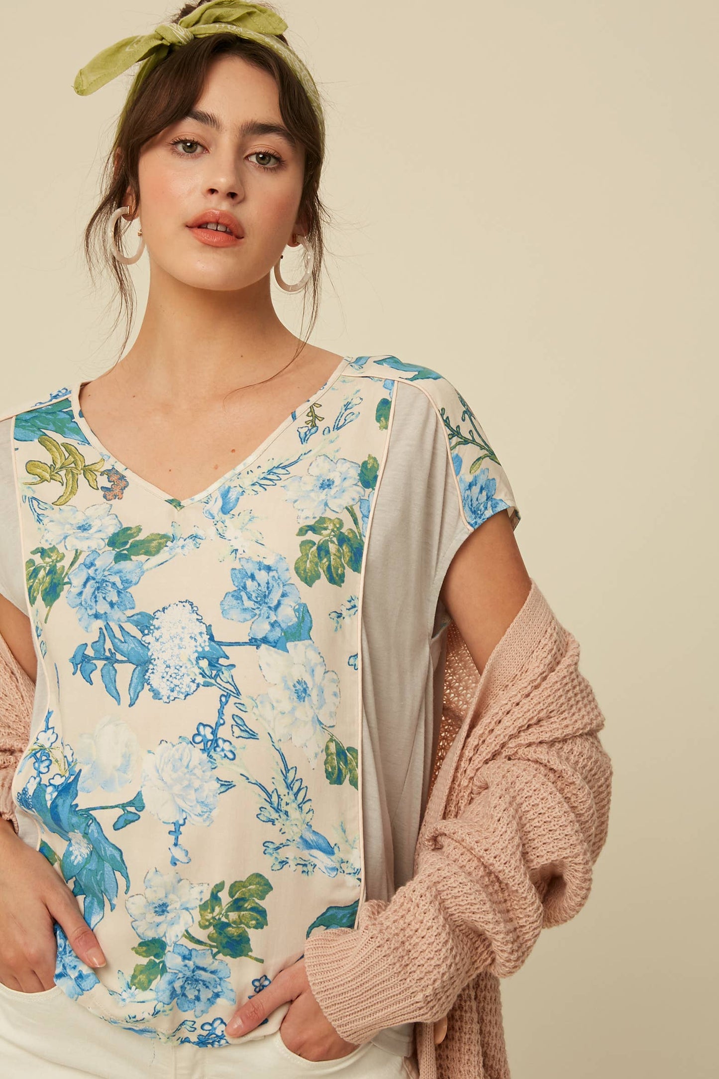 Floral Mixed Fabric V-Neck Blouse