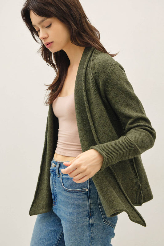 SHAWL COLLAR OPEN CARDIGAN WITH ROLLED EDGE
