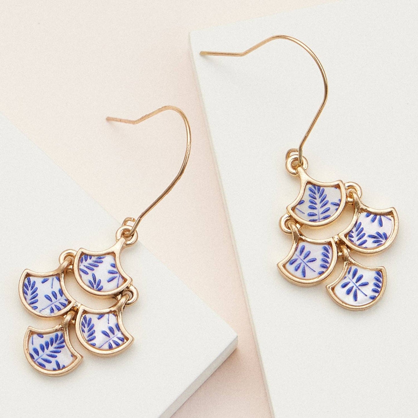 Boho-Chic Gold and Blue Mother of Pearl Floral Earrings
