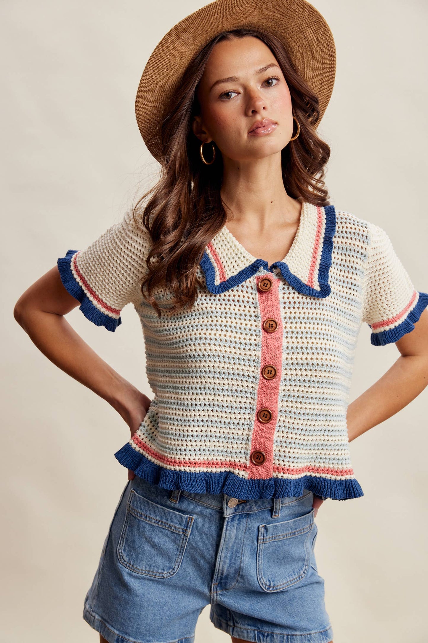 Ruffle Trim Crochet Knit Cardigan