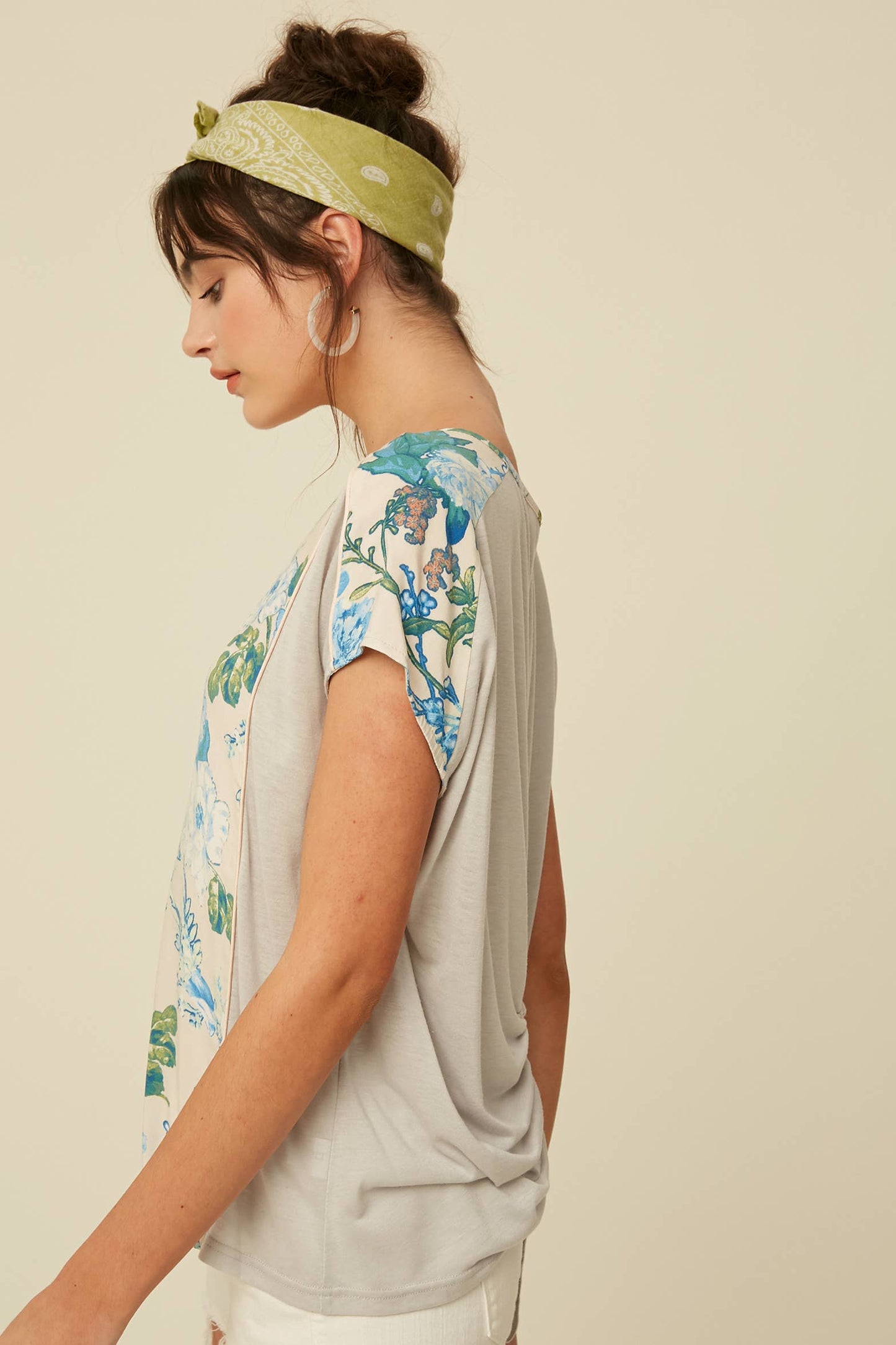 Floral Mixed Fabric V-Neck Blouse