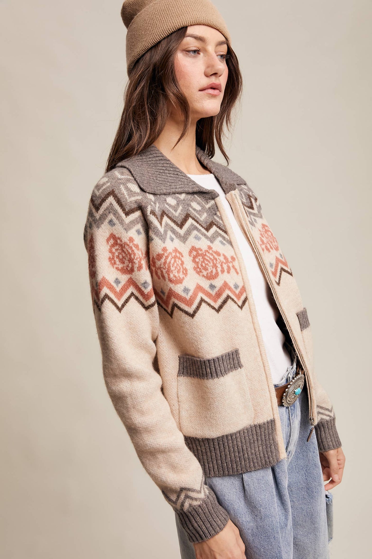Retro Knit Zip-Up Cardigan