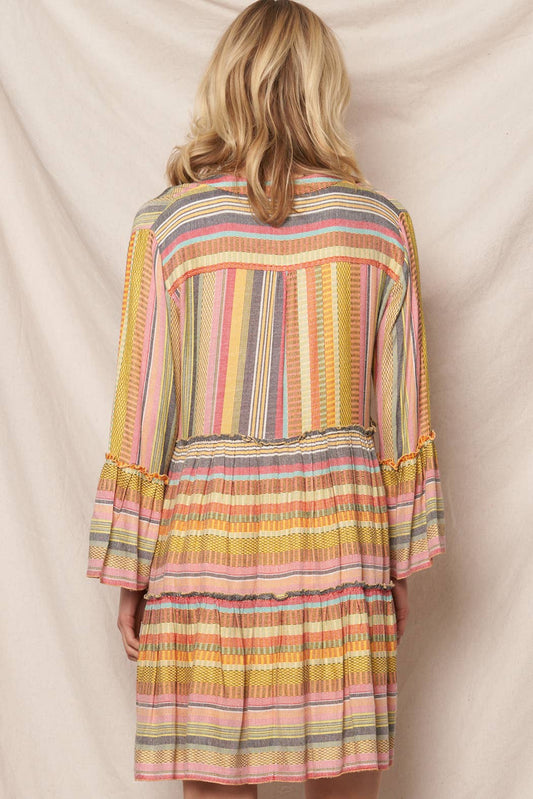 Multicolor Striped V-Neck Tiered Mini Dress