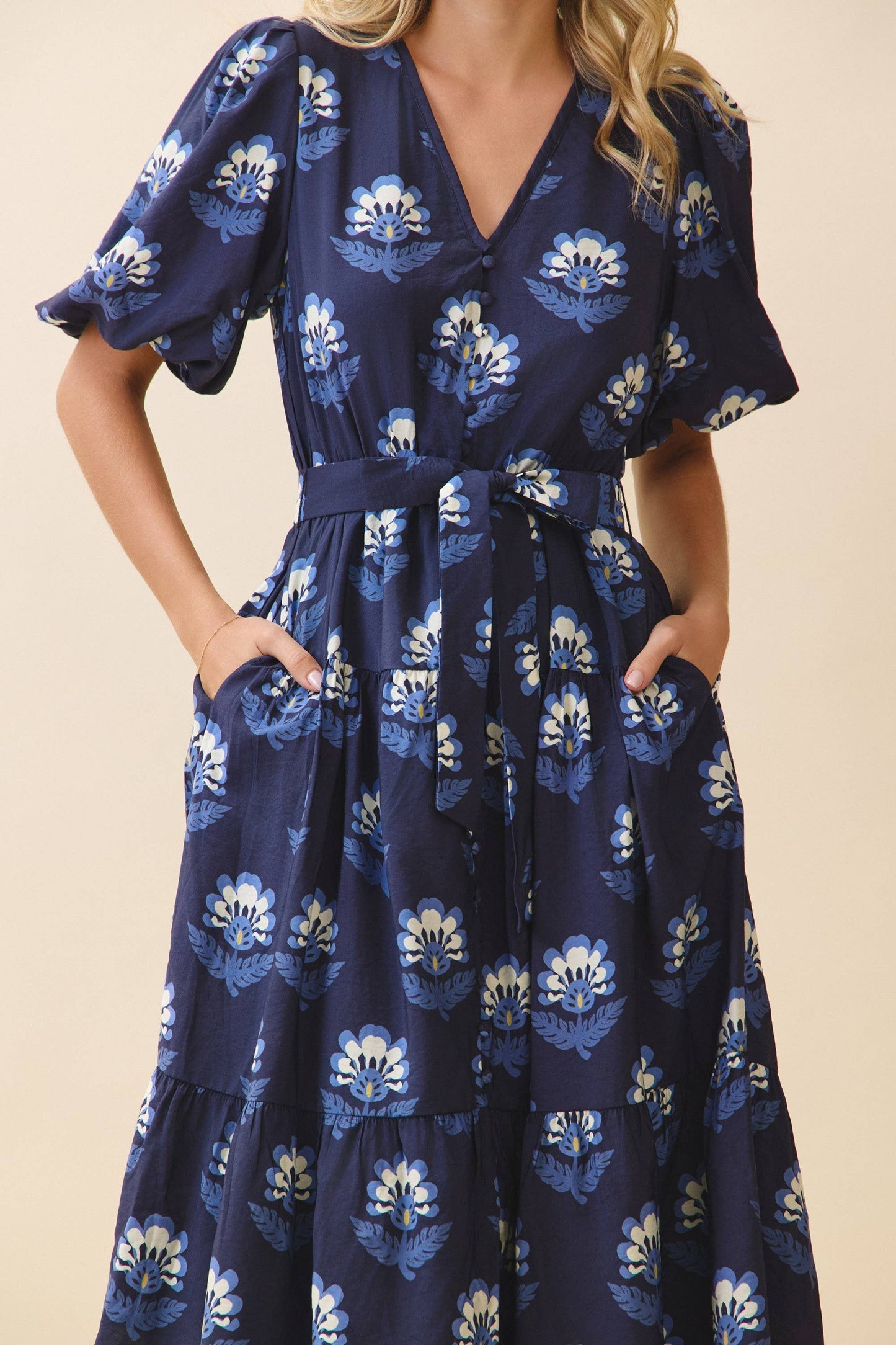 Floral Print Covered Button Down V Neck Dress