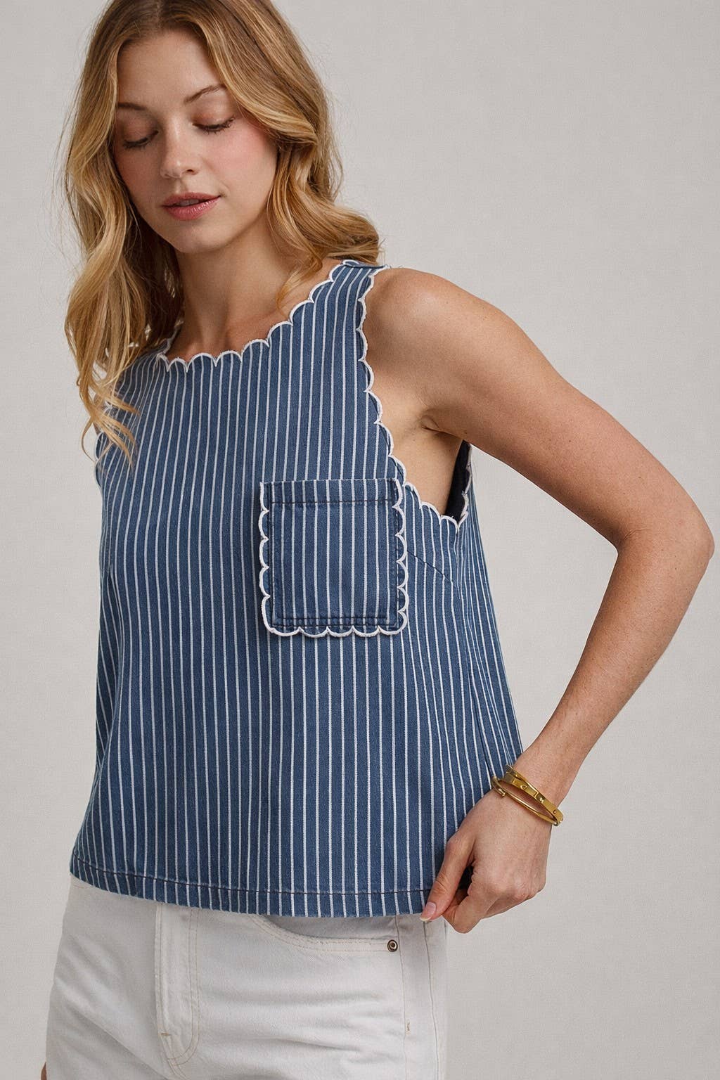 WASHED STRIPE DENIM SLEEVELESS TOP WITH SCALLOPED EDGE