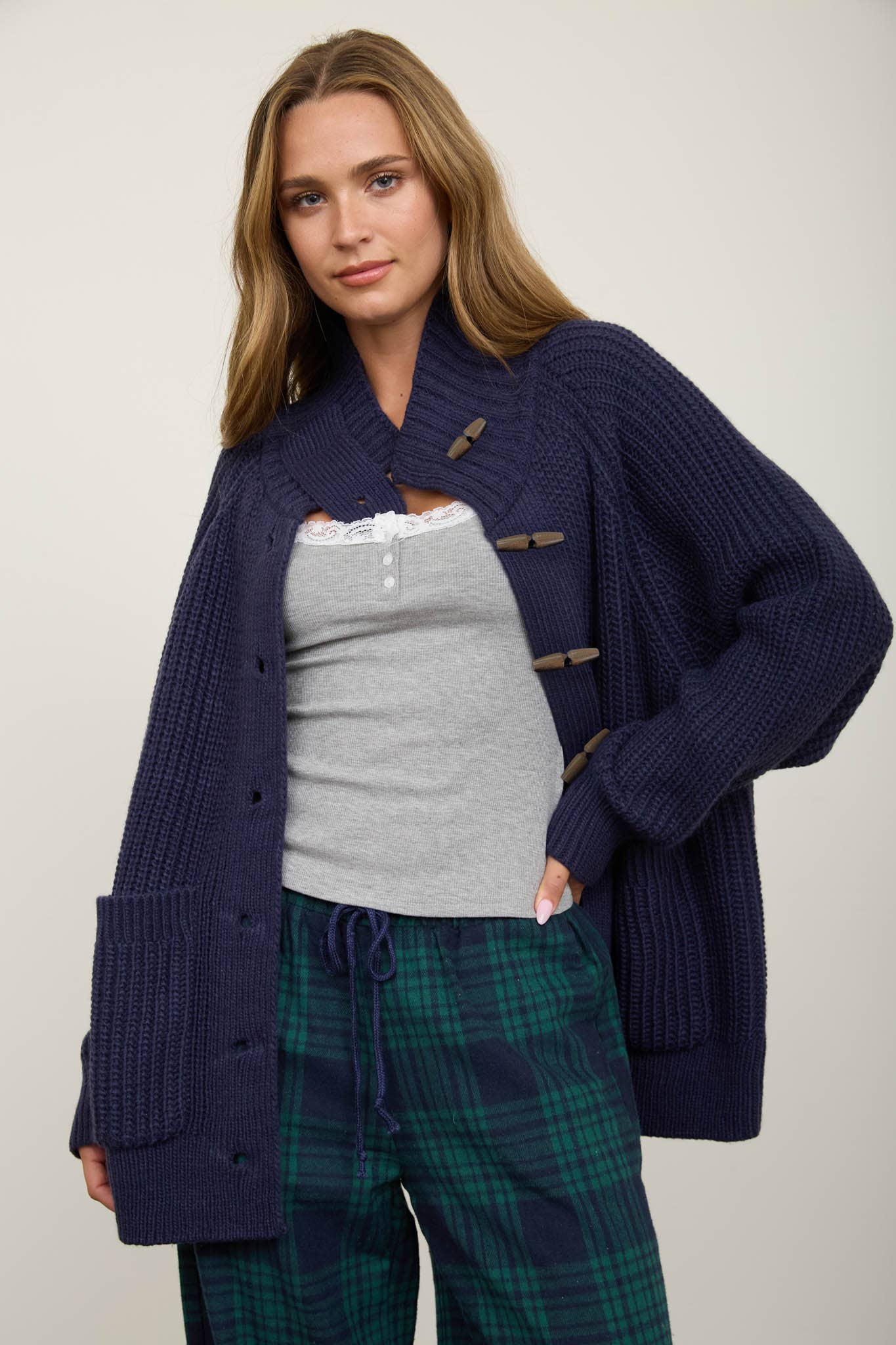 HIGH NECK TOGGLE RIB LONG LINE KNIT CARDIGAN