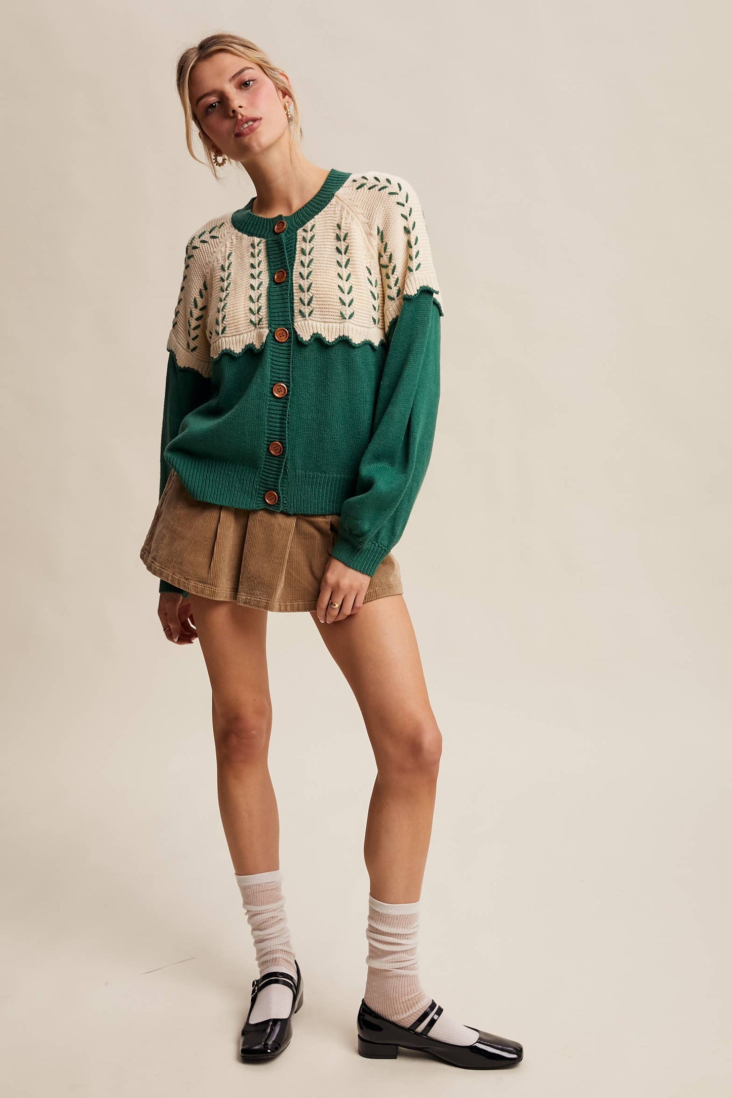 Leaf Pointelle Ruffle Knit Cardigan