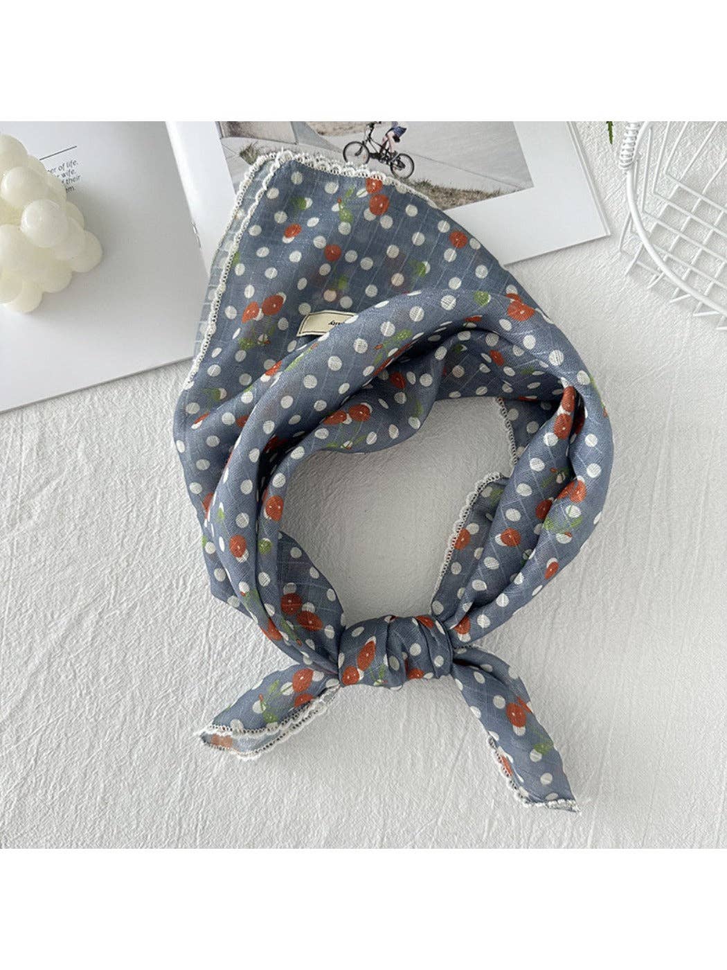 Vintage Polka Dot Neck Scarf with Cherry Patterns