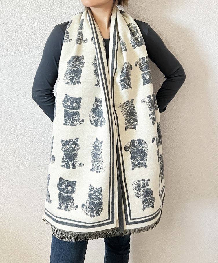Kitten Print Reversible Cashmere Wrap Scarf