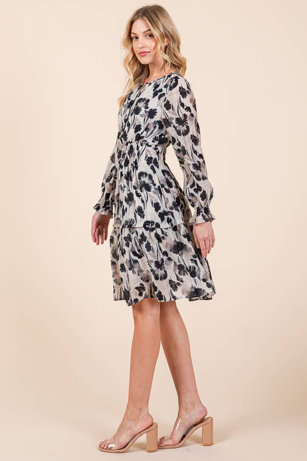 Floral Print Long Sleeve Cinched Waist Tiered Dress