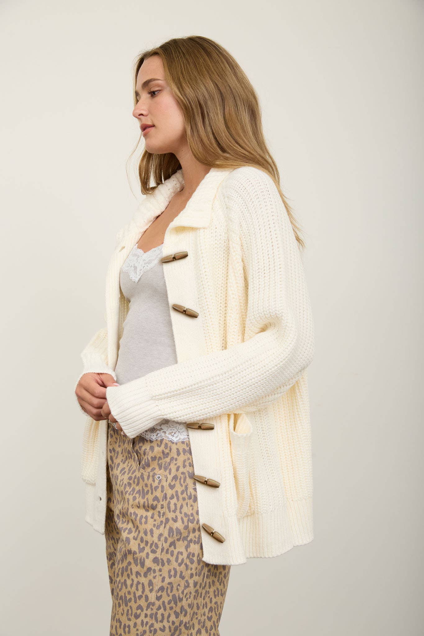 HIGH NECK TOGGLE RIB LONG LINE KNIT CARDIGAN