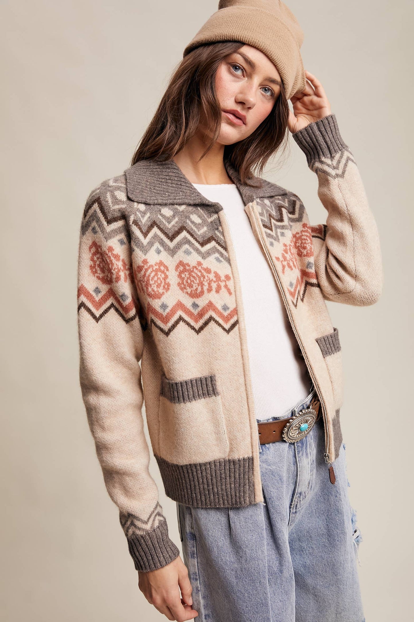 Retro Knit Zip-Up Cardigan