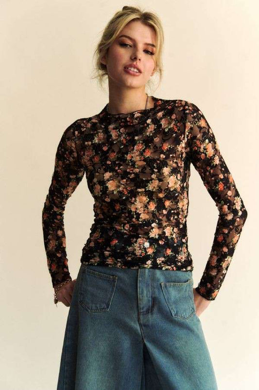 Mesh Floral Long Sleeve Top