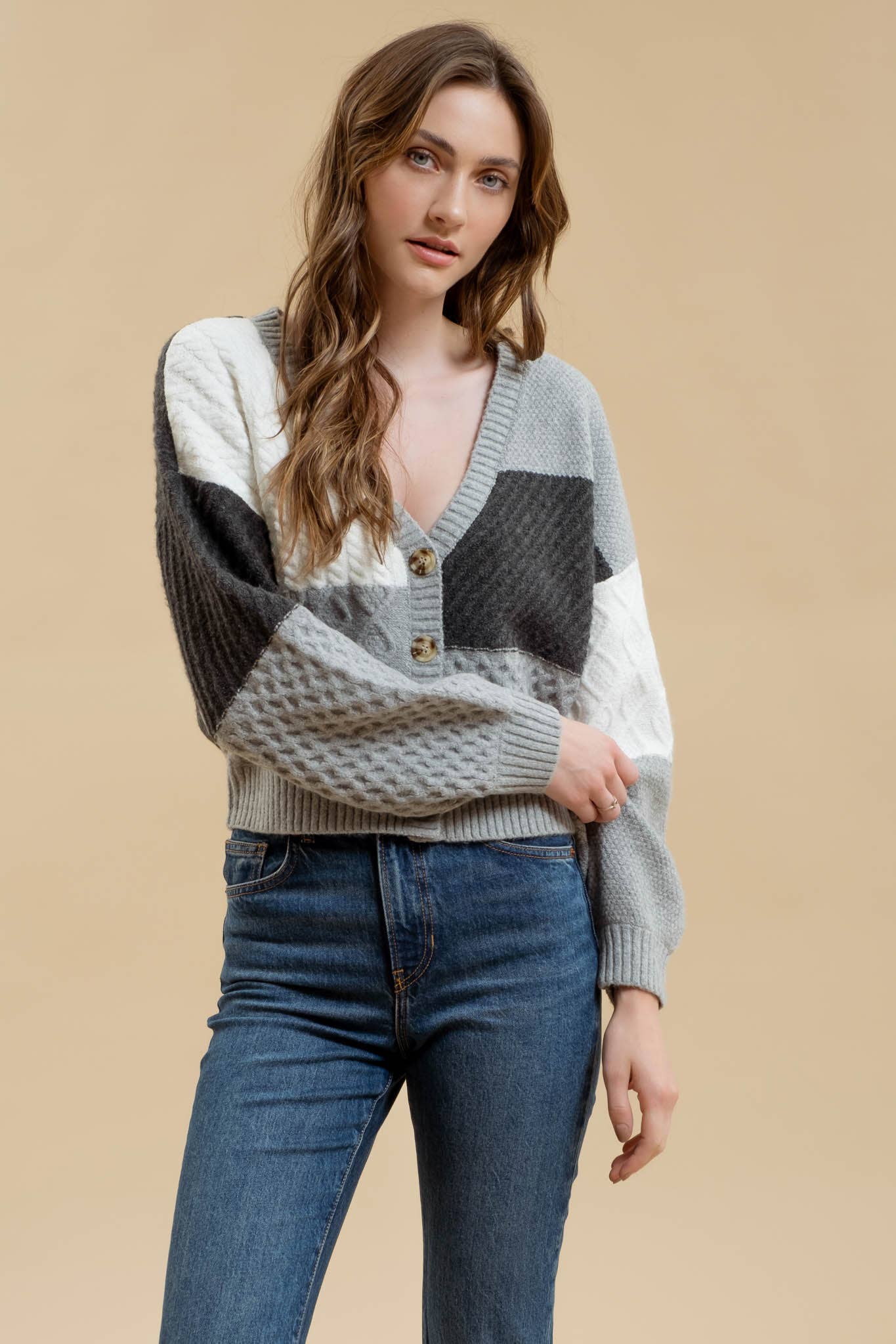 PATCHWORK CABLE KNIT CARDIGAN