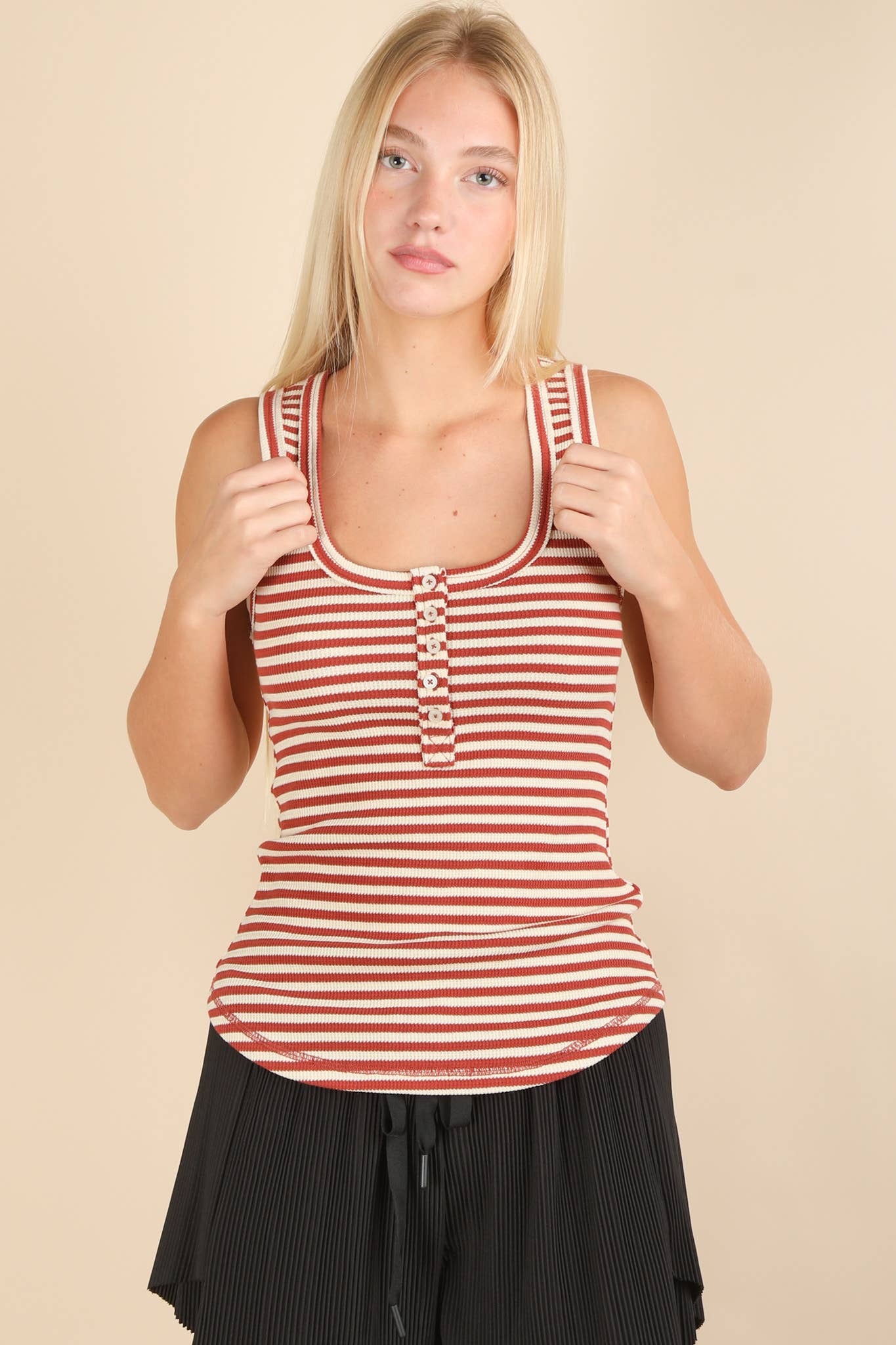 Striped & Solid Button Down Fitted Knit Tank Top