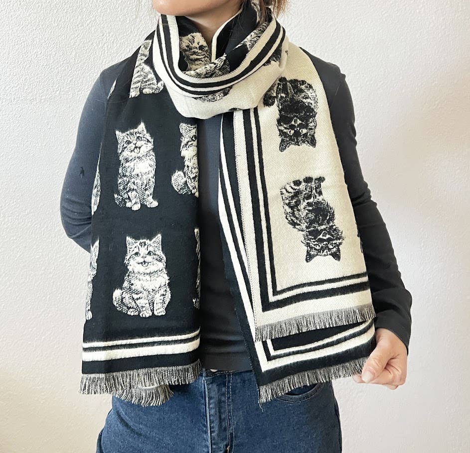 Kitten Print Reversible Cashmere Wrap Scarf