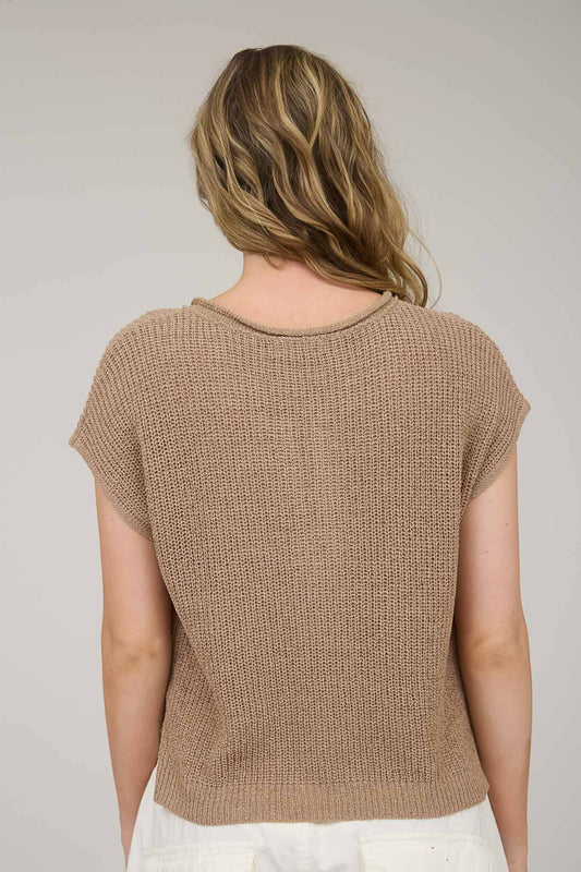 SPLIT NECK SHORT SLEEVE KNIT PULLOVER