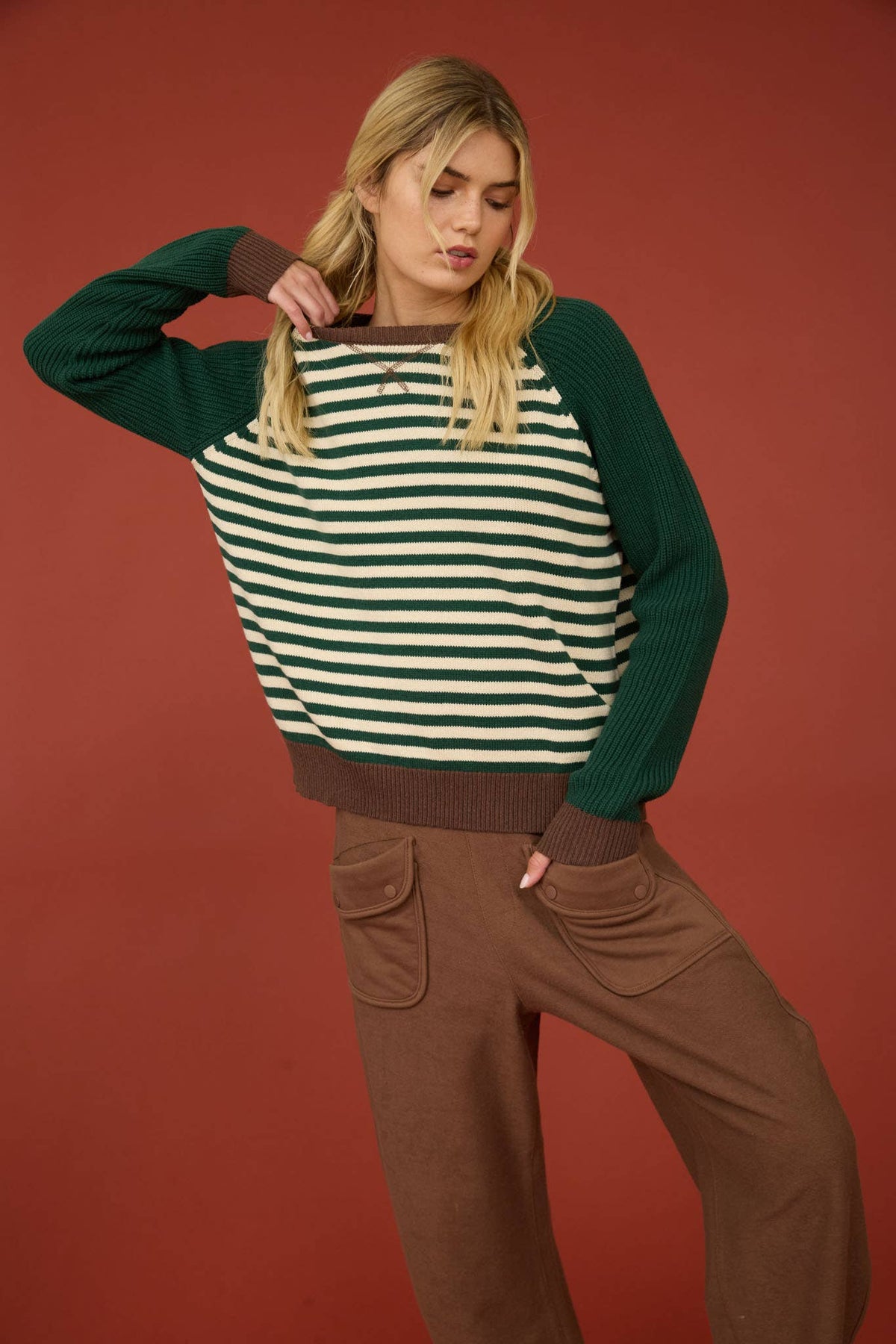 STRIPED COLORBLOCK RAGLAN LONG SLEEVE CREW SWEATER