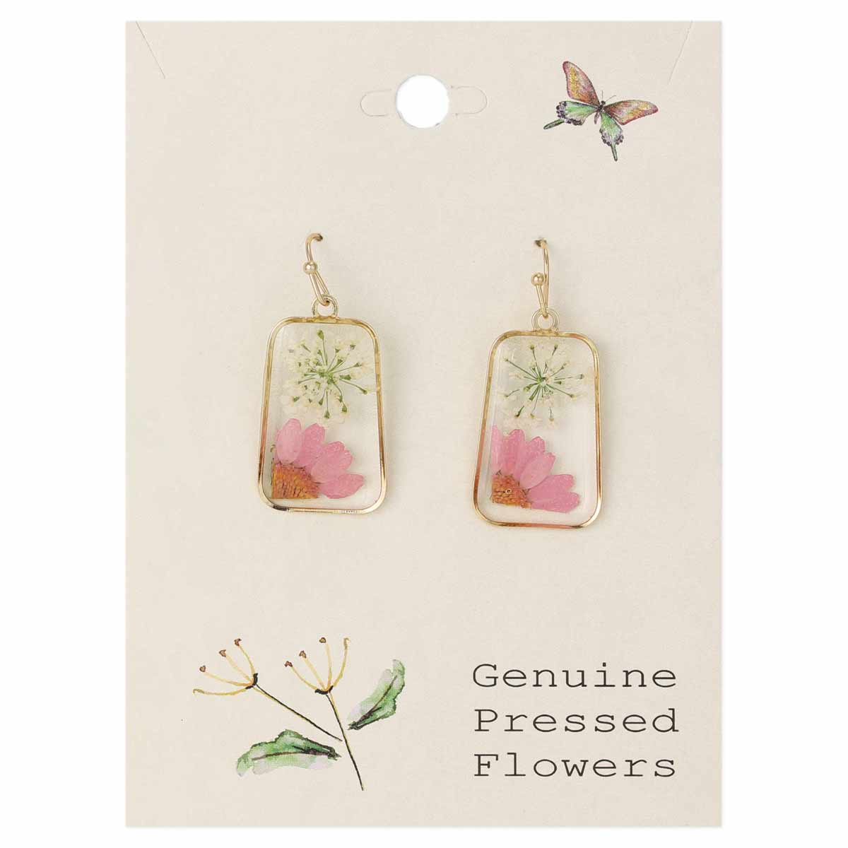 Pink Petals Dried Flower Gold Oblong Earrings