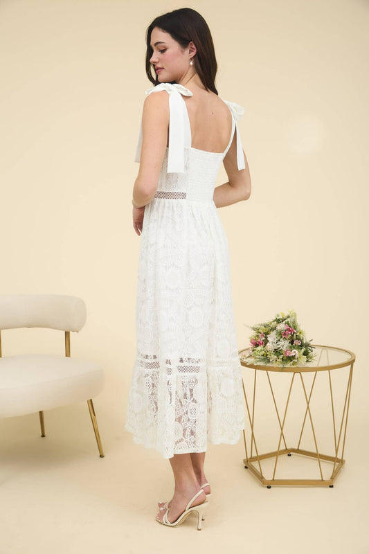 LACE TIE STRAP SHEER TRIM SLEEVELESS MIDI DRESS