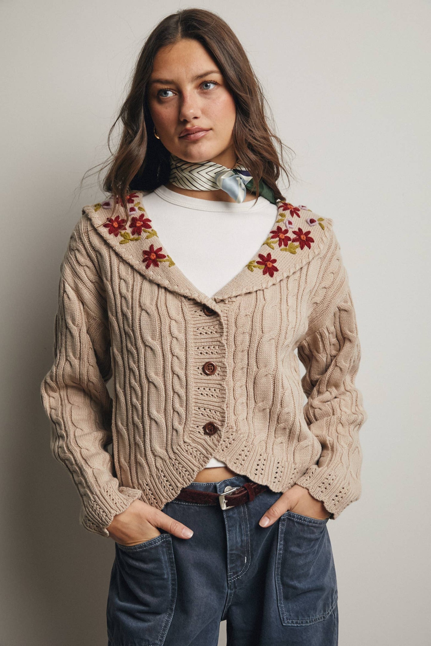 Cable Knit Embroidered Collar Cardigan