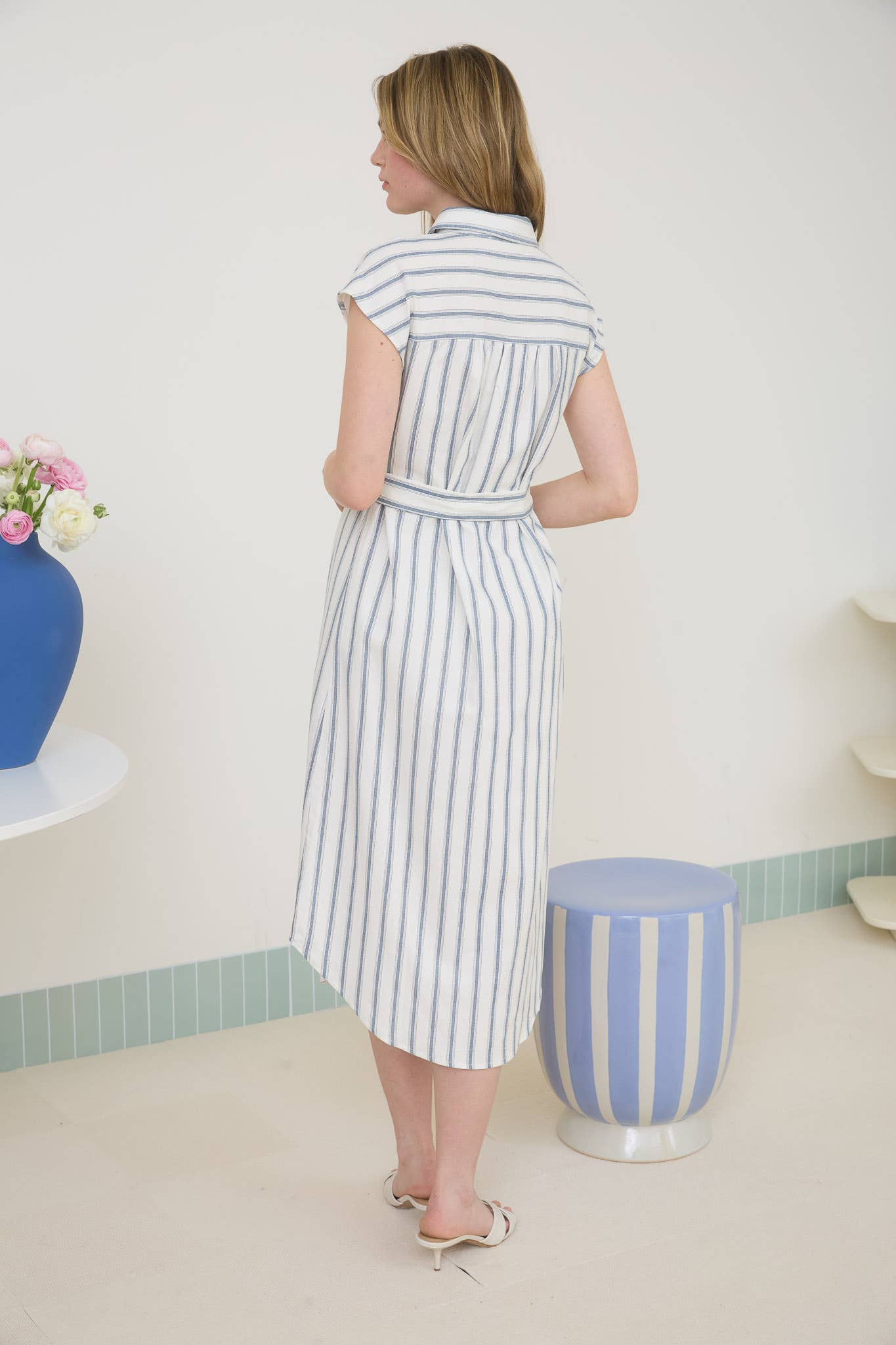 STRIPE COLLARED BUTTON DOWN BELT TIE SHIRT DRESS