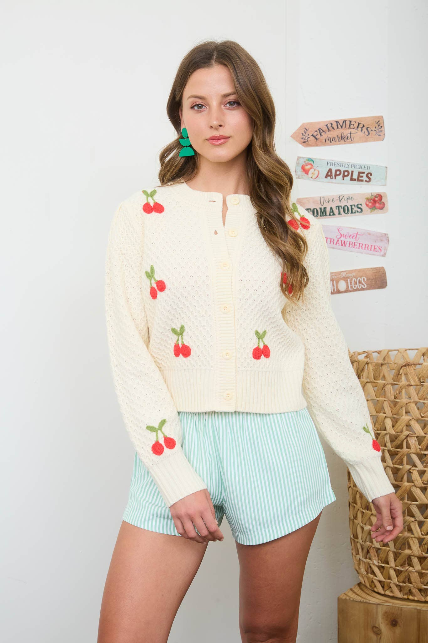 CROCHET CHERRY DETAIL BUTTON DOWN KNIT CARDIGAN
