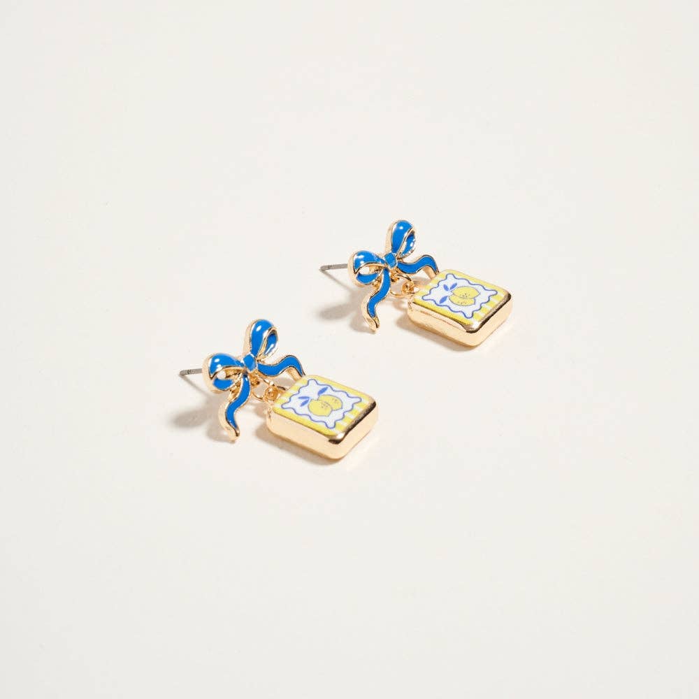 Vintage Print Tile Enamel Bow Earrings