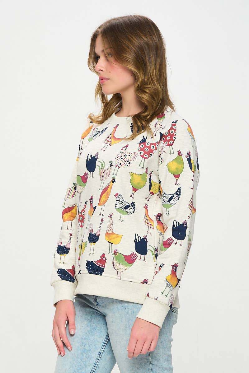 COLORFUL ROOSTER PRINT SWEATSHIRT