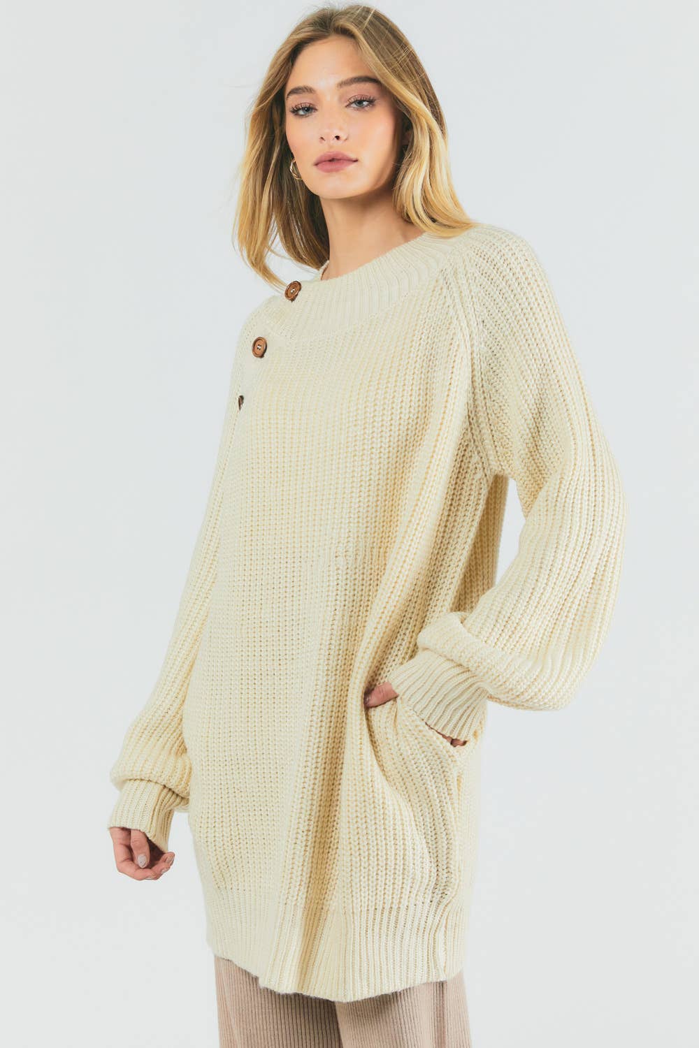 Button Detail Tunic Sweater w/Pockets