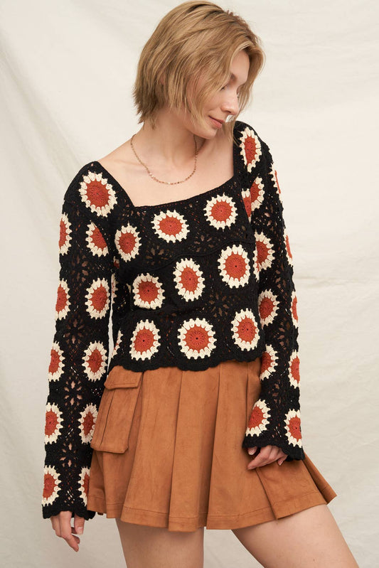 Long Sleeve Sunflower Crochet Square Neck Top