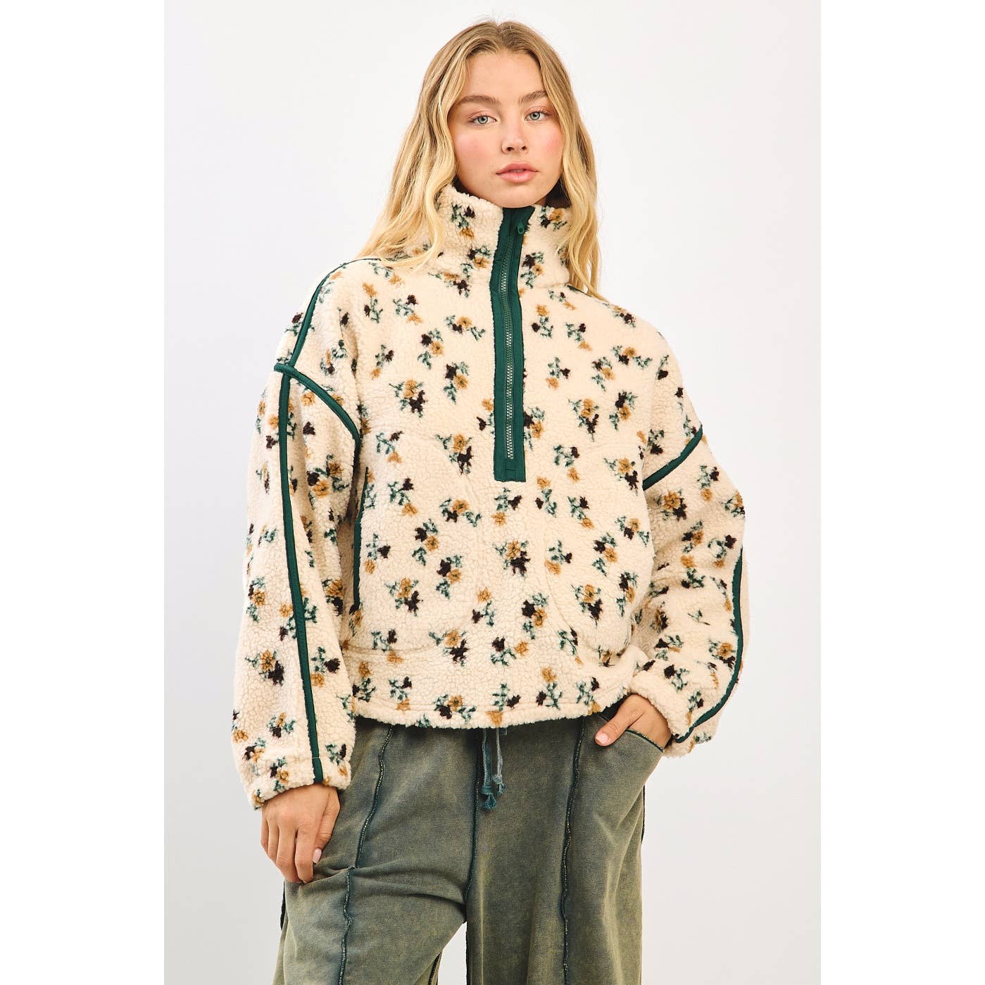 FLOWER PRINT HALF ZIP CONTRAST FLEECE SWEATSHIRT