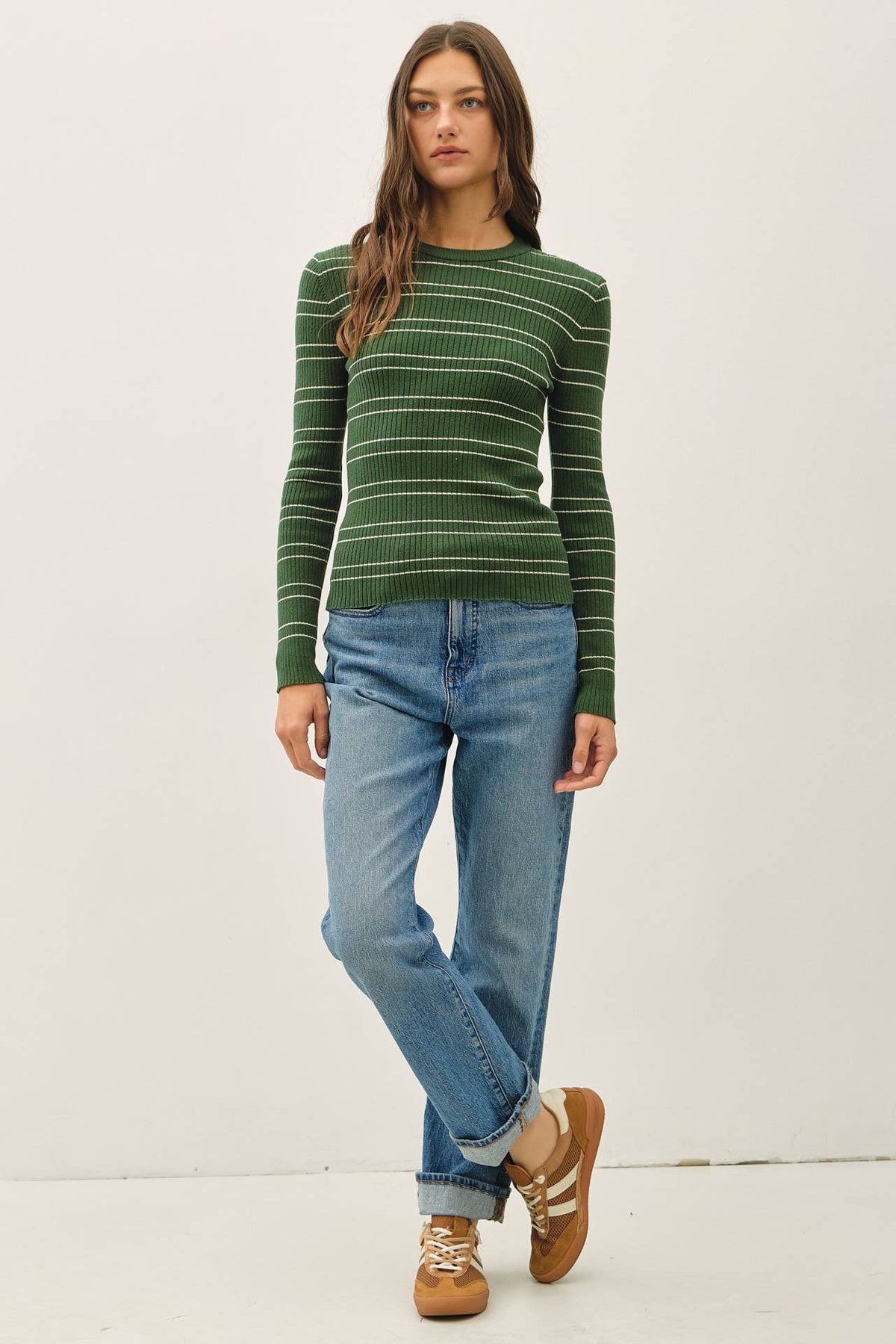DOUBLE STRIPE CREWNECK RIB SWEATER