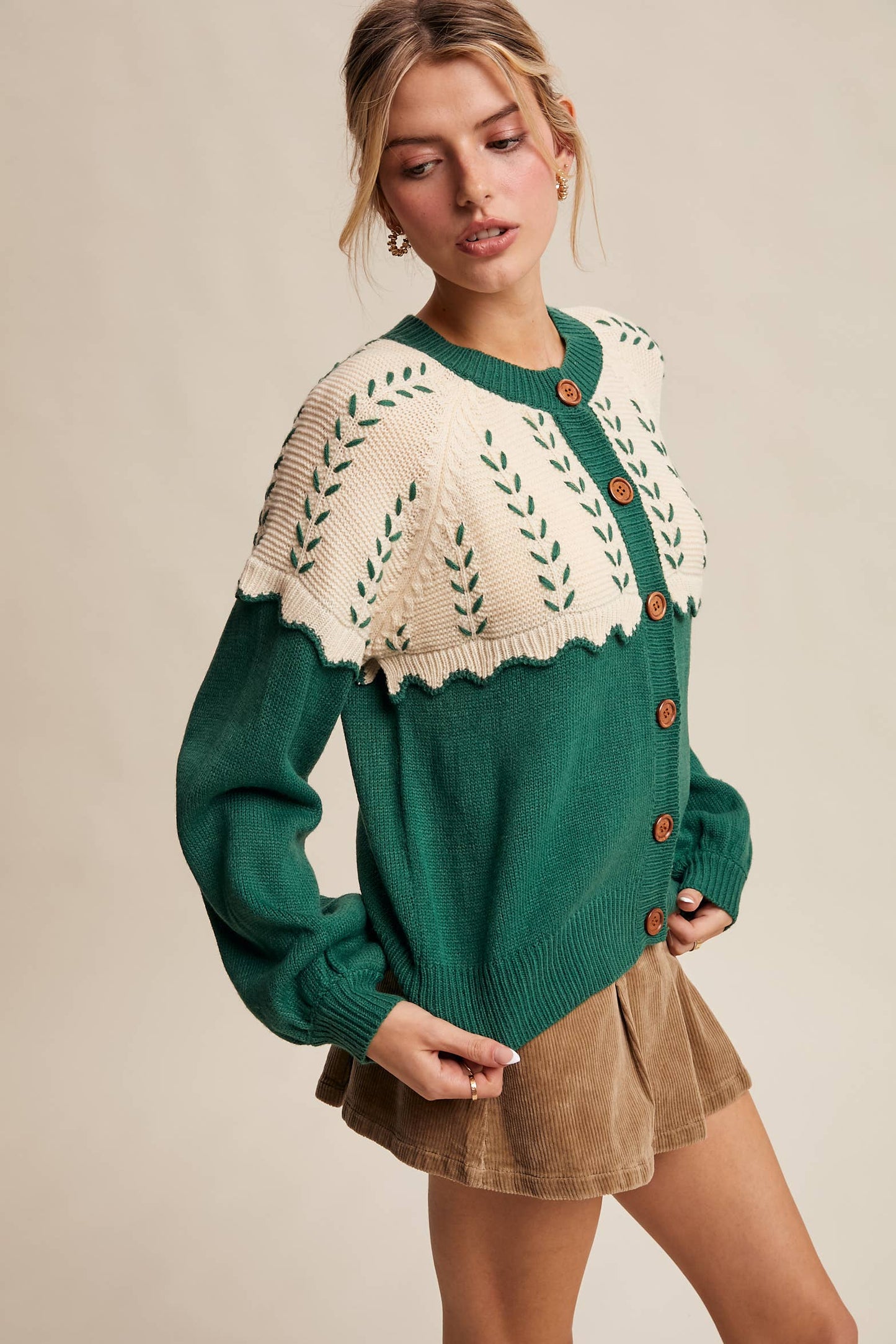 Leaf Pointelle Ruffle Knit Cardigan