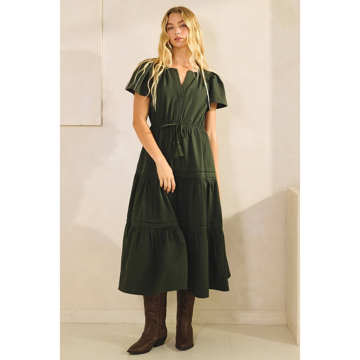 TEXTURED PINTUCK BELL SLEEVE TASSEL TIE MIDI DRESS