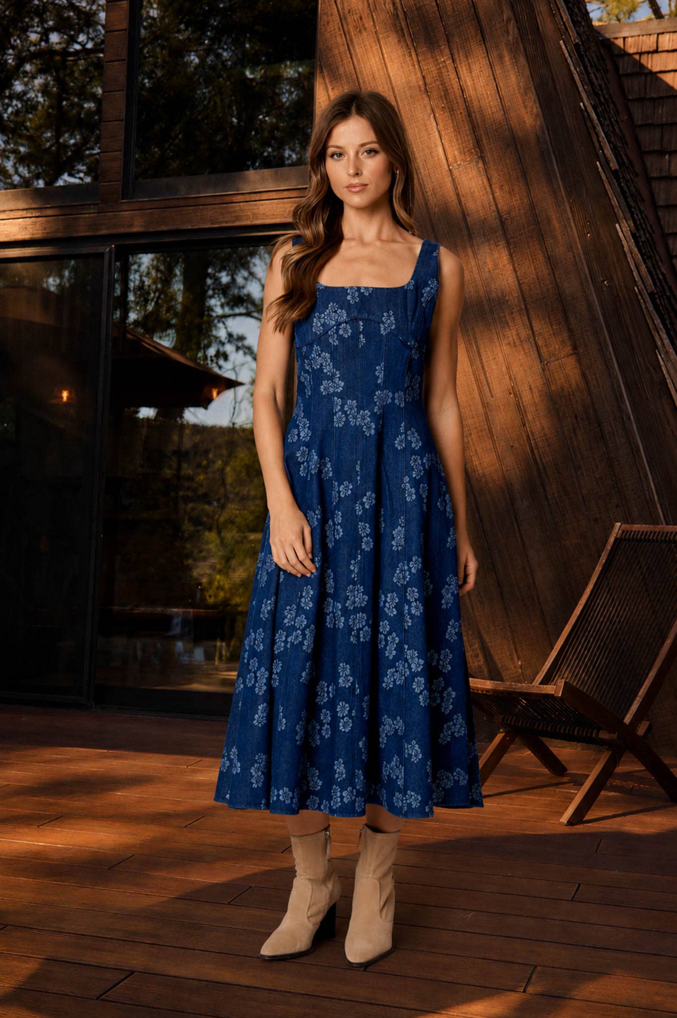 FLORAL JACQUARD CORSET DETAIL DENIM MIDI DRESS