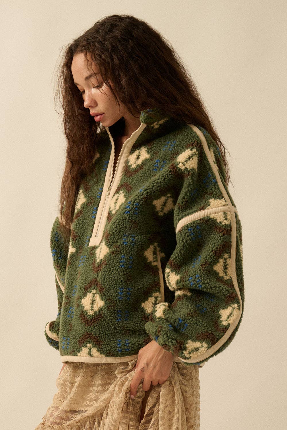 Geo-Print Sherpa Fleece Half-Zip Pullover Jacket