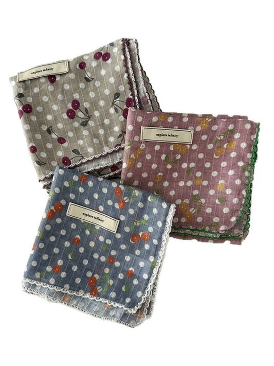 Vintage Polka Dot Neck Scarf with Cherry Patterns