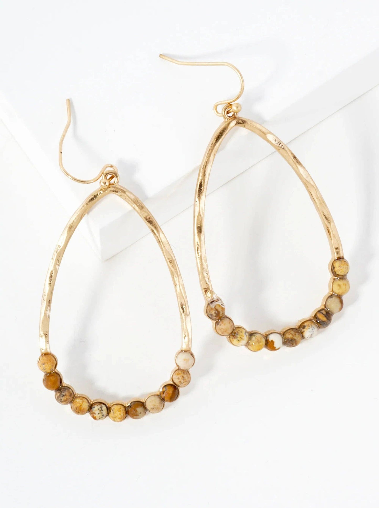 Semi-Precious Natural-Stone Beaded Hammered-Texture Teardrop Dangle Earrings