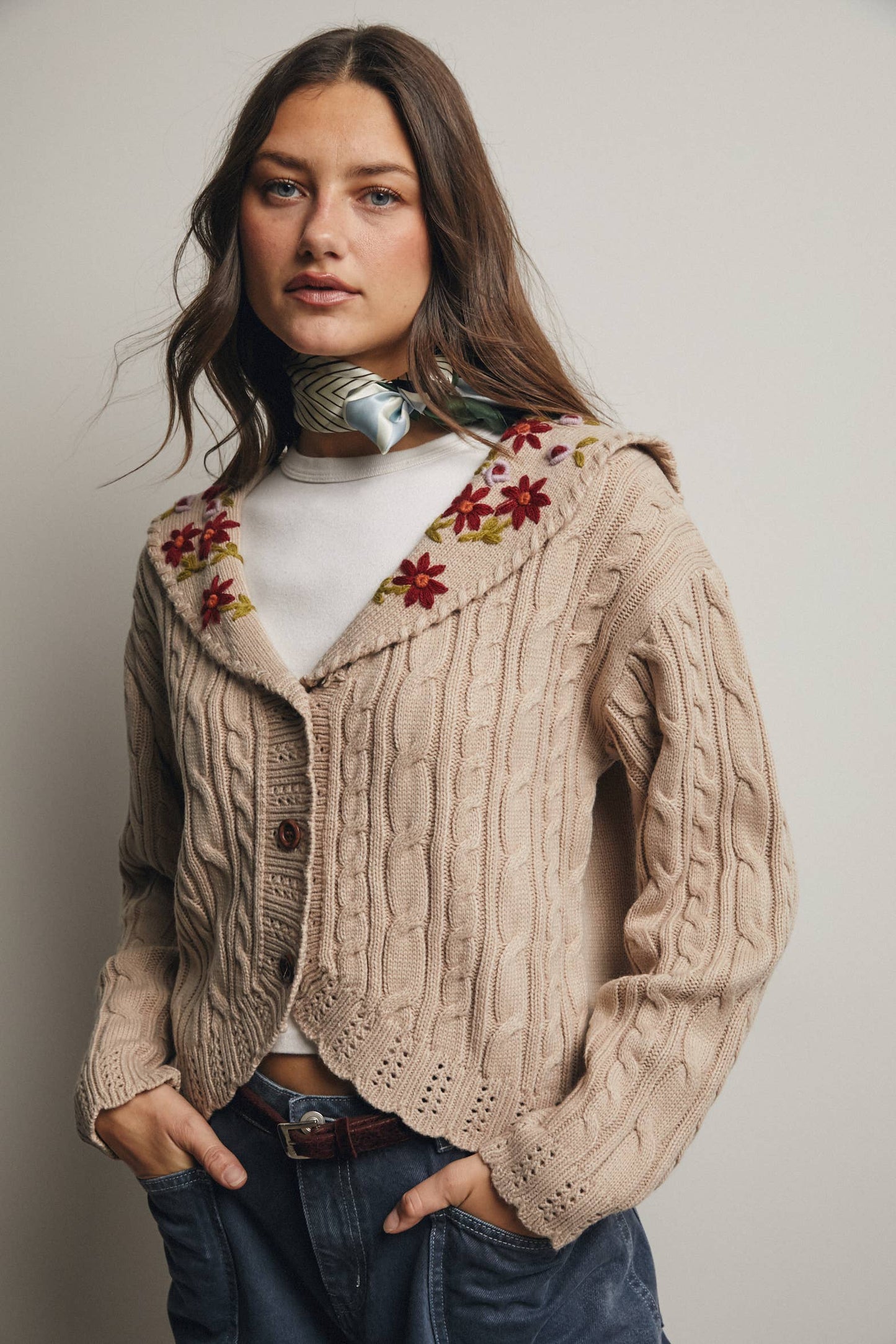 Cable Knit Embroidered Collar Cardigan