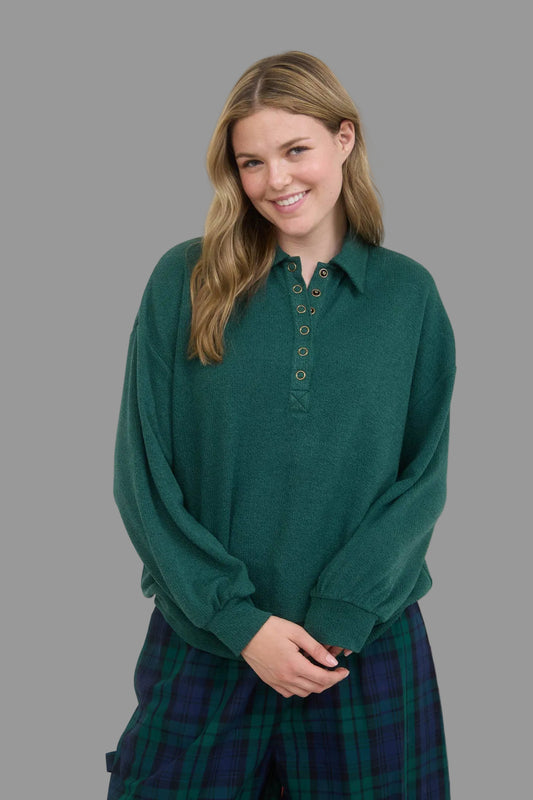 COLLARED HALF SNAP BUTTON LONG SLEEVE KNIT TOP