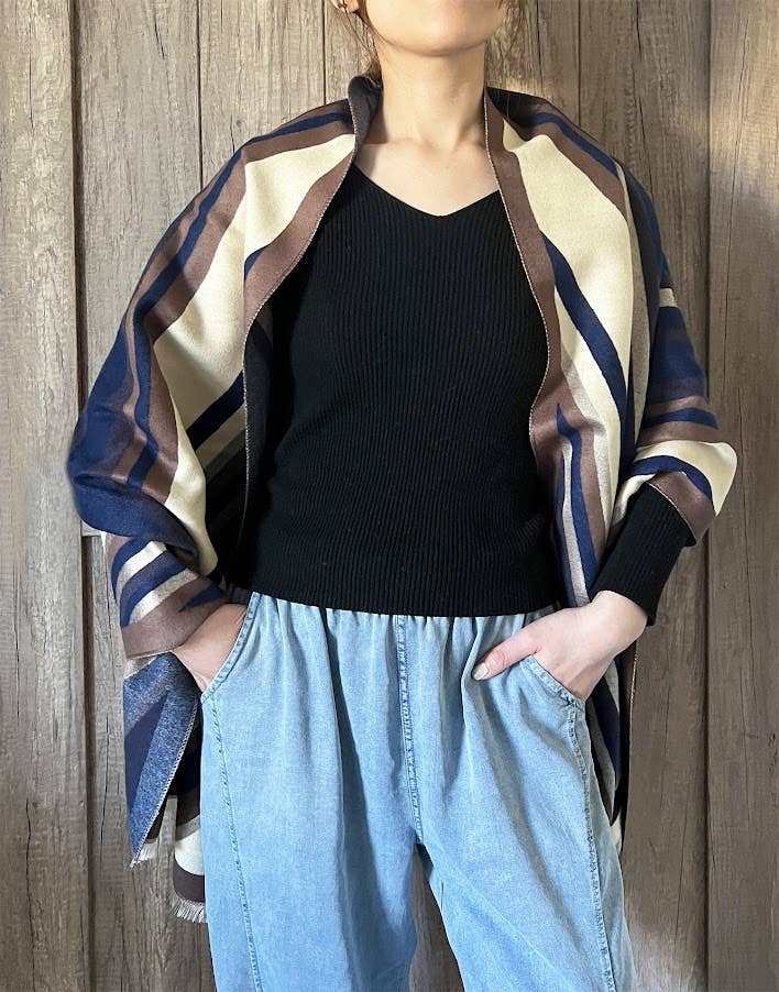 Elegant Geometric Striped Cashmere Large Wrap Scarf